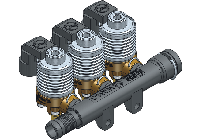 Wtryskowacze AC W031 BFC połączone za pomocą rozdzielacza 3-sekcyjnego.