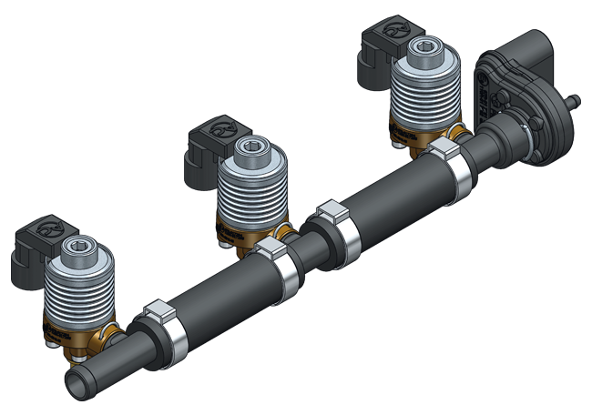 Wtryskowacze AC W031 BFC połączone za pomocą trójników i kolanek Ø 12 z podłączonym czujnikiem PS-04.